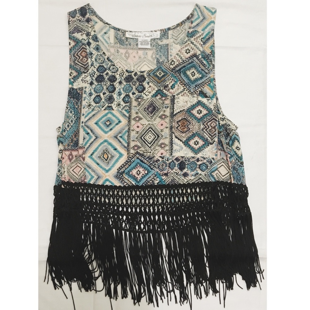 Sans Souci blue black pattern weaved fringe